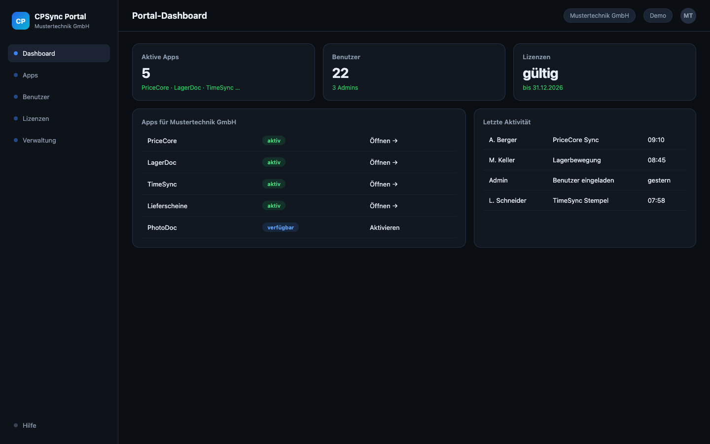 CPSync Portal Dashboard mit Modulen